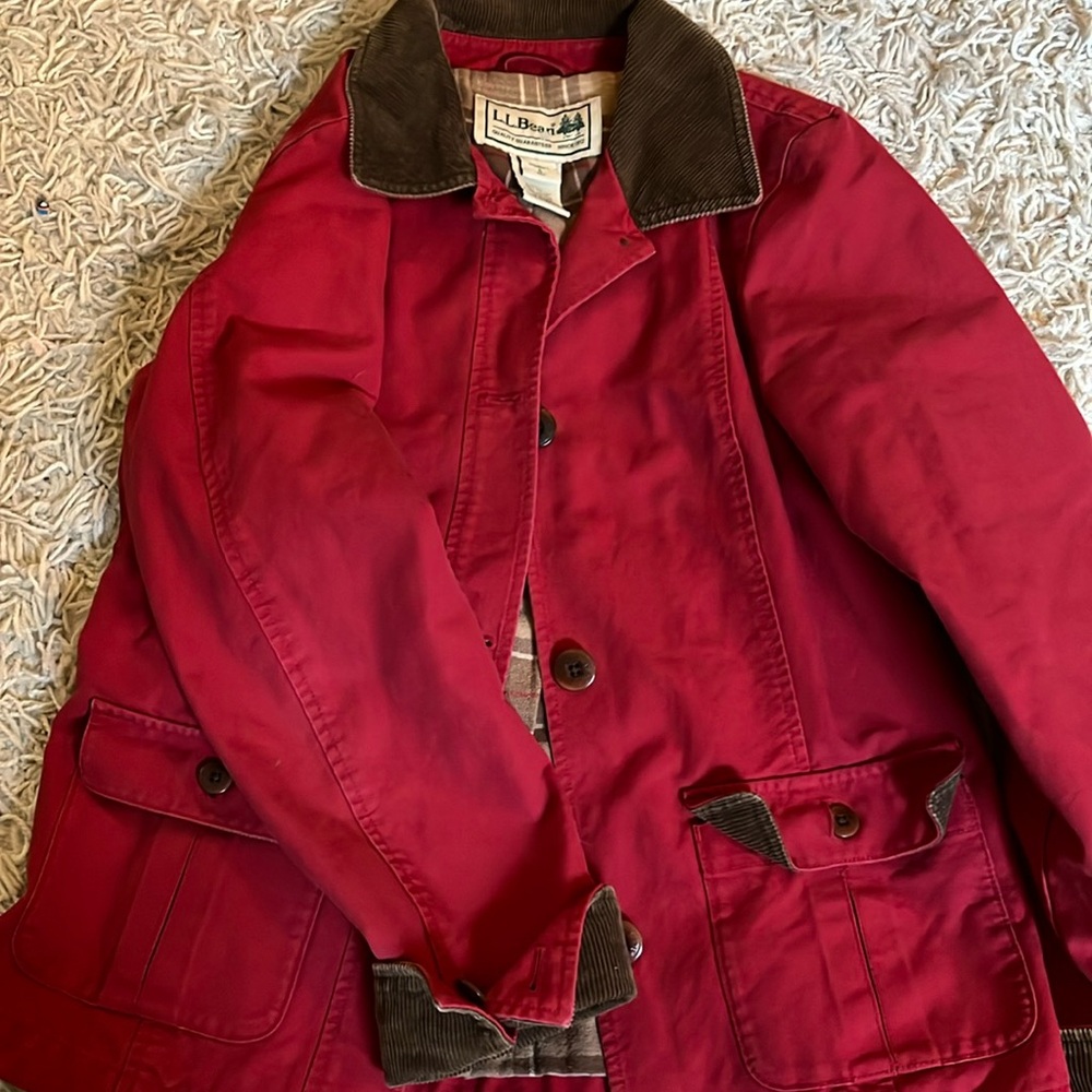 Vintage L.L. Bean red fisherman chore jacket, brown corduroy collar